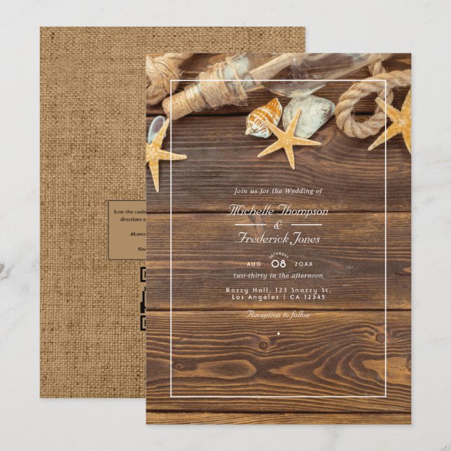 Convites Casamento de Praia com RSVP por Código QR Rústico (Frente/Verso)