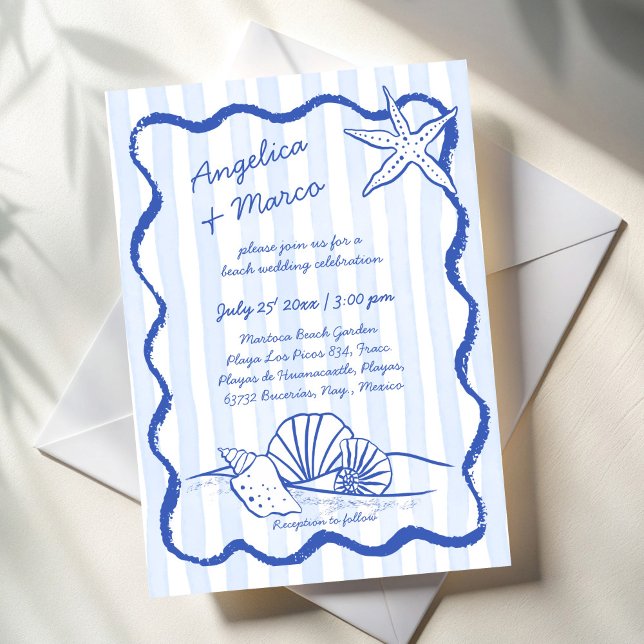 Convites Casamento de praia com vassoura-de-mão azul (Seashells blue handrawn wavy border sketch beach wedding invitation cards template instant download)