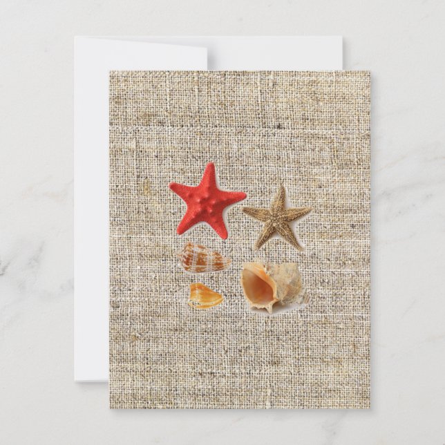 Convites casamento de praia conchas náuticas em burlap eleg (Frente)