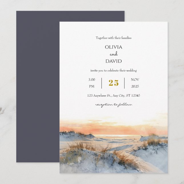 Convites Casamento de Praia da Noite Sunset, Ouro de Dunas  (Frente/Verso)