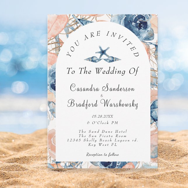 Convites Casamento de Praia de Aquarela Azul Flores de Água (Criador carregado)