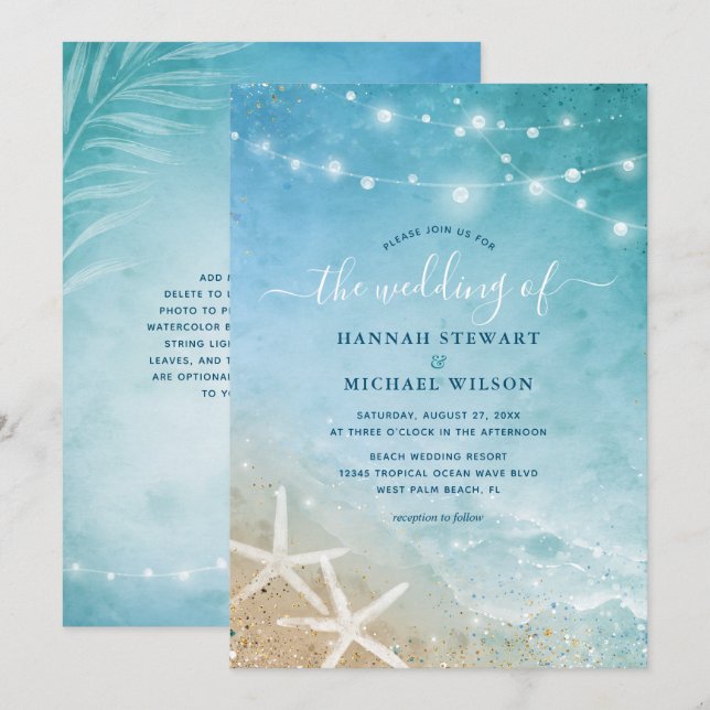 Convites Casamento de Praia de Azul e Teal Watercolor (Frente/Verso)