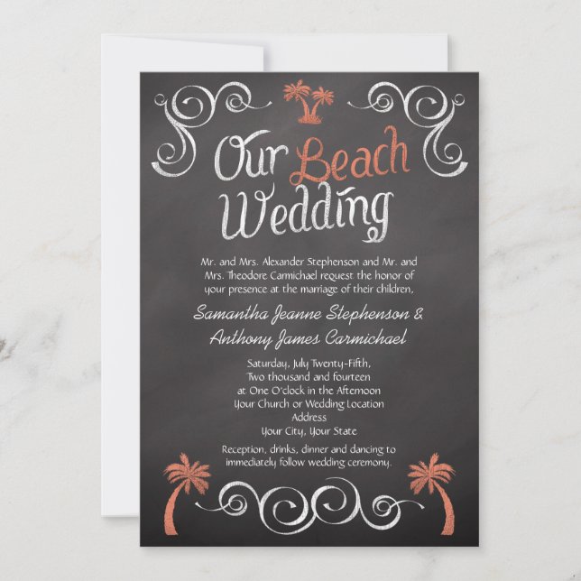 Convites Casamento de Praia de Coral Chalkboard (Frente)