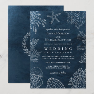 Convites Casamento de Praia de Coral Marinho Clássico Elega