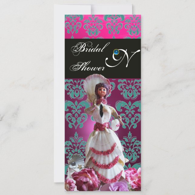 CONVITES CASAMENTO DE PRAIA DE DAMASK AZUL - MONOGRAMA DE C (Frente)