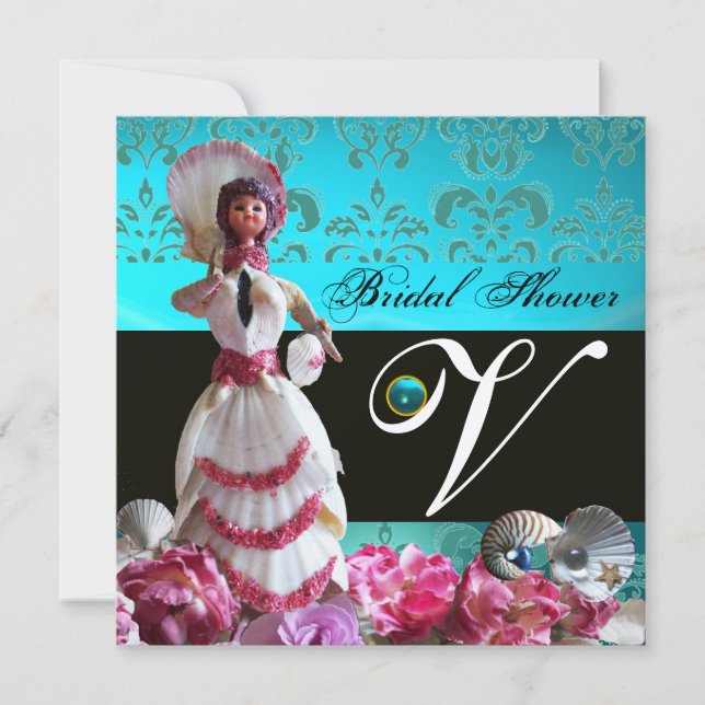 CONVITES CASAMENTO DE PRAIA DE DAMASK AZUL - MONOGRAMA DE C (Frente)