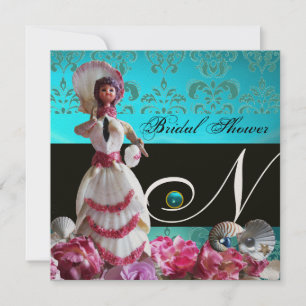 CONVITES CASAMENTO DE PRAIA DE DAMASK AZUL - MONOGRAMA DE C