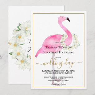 Convites Casamento de Praia de Flamingo Magnolias, Rosa Tro