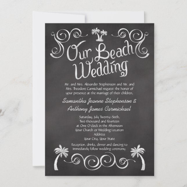 Convites Casamento de Praia de Palm Tree Chalkboard (Frente)