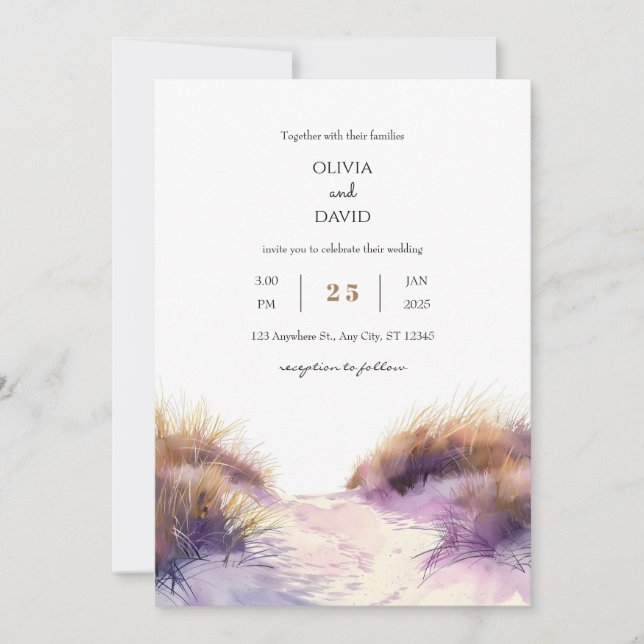 Convites Casamento de Praia de Sandy Dunes Sunset ouro Roxo (Frente)