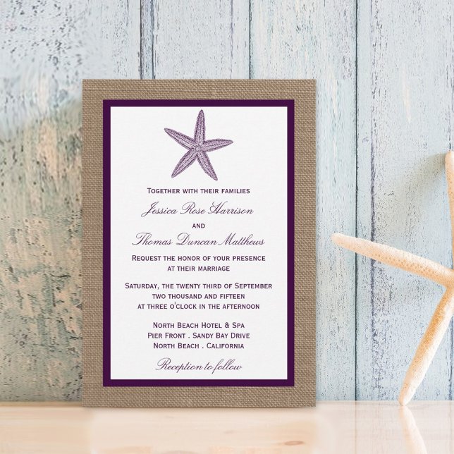 Convites Casamento de Praia de Starfish Burlap | Escolha su (Criador carregado)