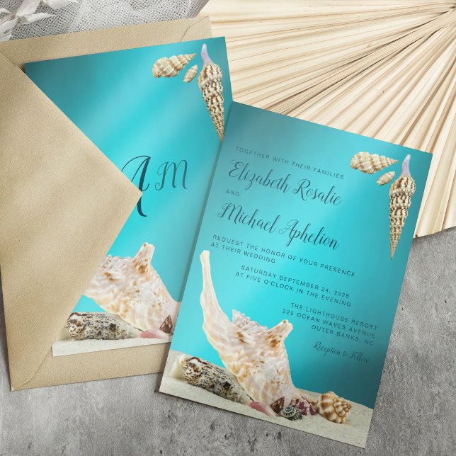 Convites Casamento de Praia de Teal Blue Aqua Seashell (Criador carregado)