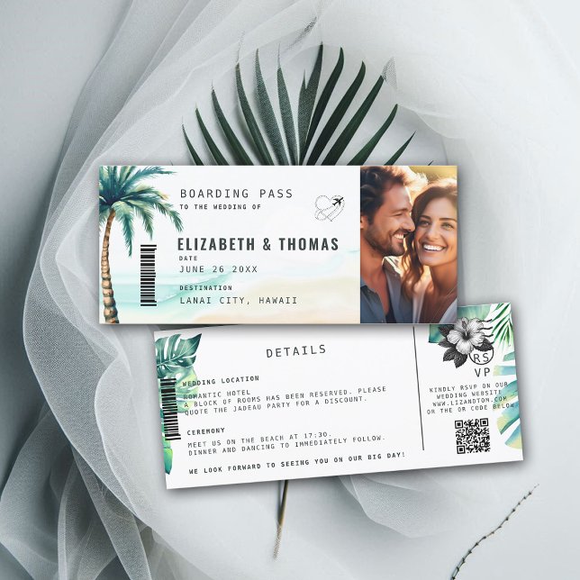 Convites Casamento de praia de travessia de destino tropica (destination wedding invitation tropical hawaii boarding pass botanical palm tree watercolor)