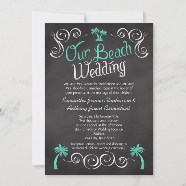 Convites Casamento de Praia de Tree Palm Tree Chalkboard Tu (Frente)