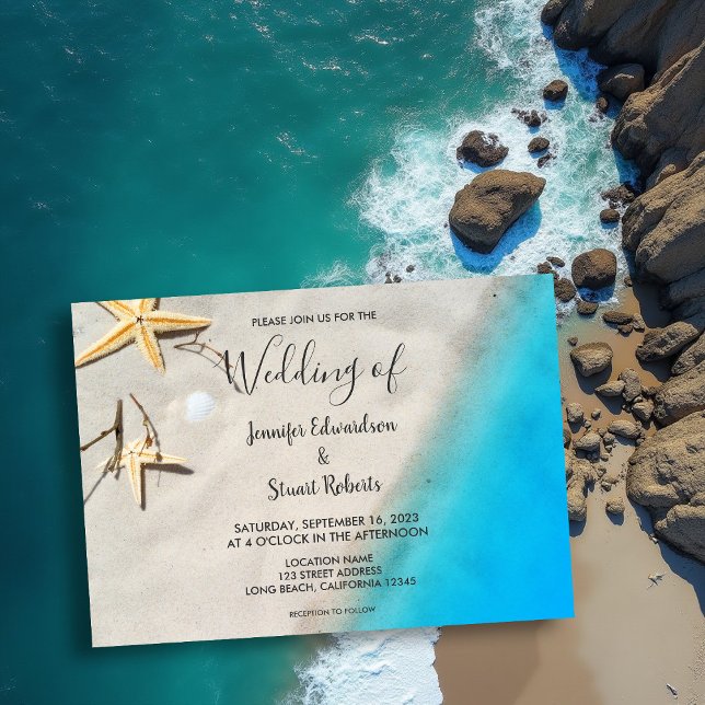 Convites Casamento de praia de verão com estrelas-do-mar (Tropical ocean sand starfish summer beach wedding invitation.)