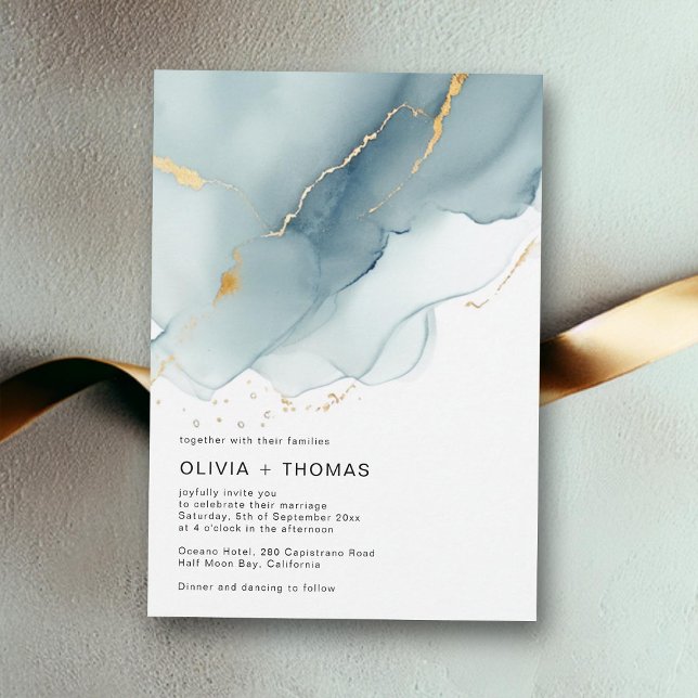 Convites Casamento de Praia do Dourado Oceano Azul Moderno  (dusty blue gold beach wedding invitation elegant bohemian modern romantic boho chic ocean waves)