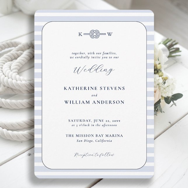 Convites Casamento de Praia do Nó Infinito Náutico Monogram (beach wedding invitation nautical coastal blue stripes elegant modern infinity knot monograms)