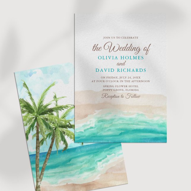 Convites Casamento de Praia do Oceano Costeiro com Aquarela (Watercolor Coastal Ocean Beach Wedding Invitation on a white table.)