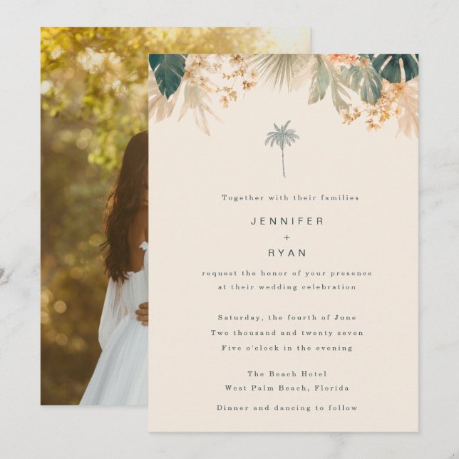 Convites Casamento de Praia Elegante com Palmeira Tropical (Frente/Verso)