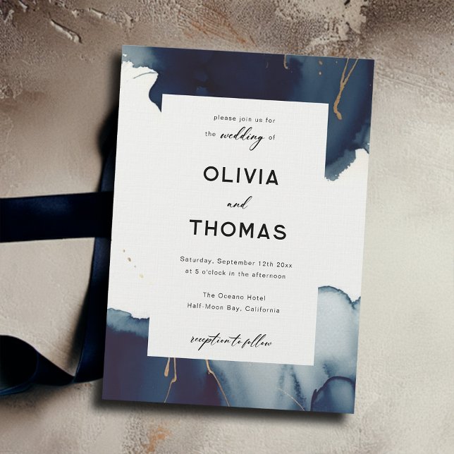 Convites Casamento de praia Elegante Dourada Azul com Frame (modern navy wedding invitation watercolor frame elegant minimalist simple calligraphy romantic boho)