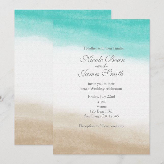 Convites Casamento de Praia Elegante em Aquarela Azul Turqu (Frente/Verso)