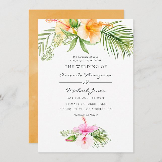 Convites Casamento de Praia Floral Tropical de Watercolor (Frente/Verso)