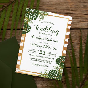 Convites Casamento de Praia Gold Foil & Green Palm Leaf Bea