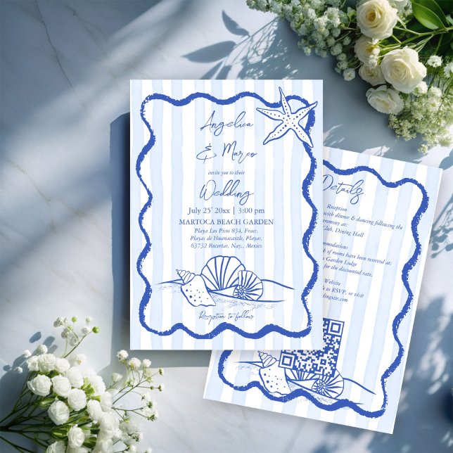 Convites Casamento de praia na orla azul com rsvp (Handrawn Seashells blue wavy border beach wedding invitation cards with rsvp template download)