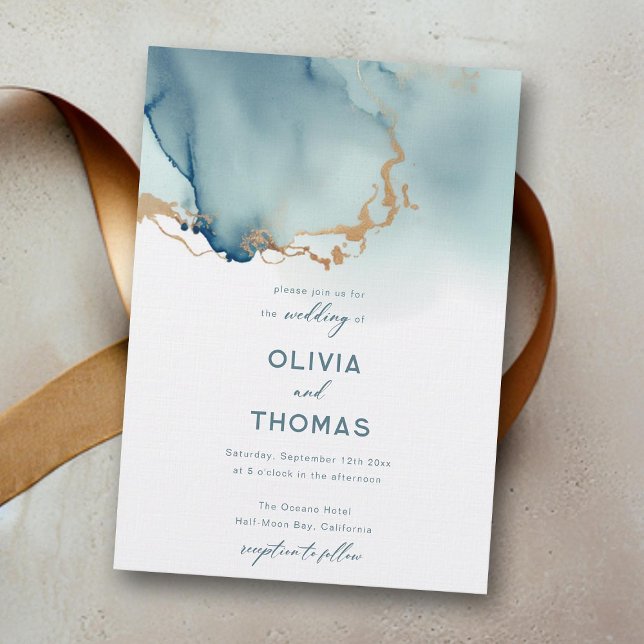 Convites Casamento de Praia Romântica Dourada Romântica Dus (dusty blue gold beach wedding invitation modern elegant bohemian romantic simple classy calligraphy)