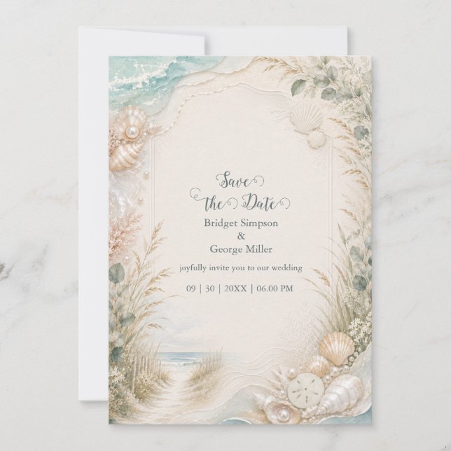 Convites Casamento de Praia Romântico à Beira-Mar com Aquar (Frente)