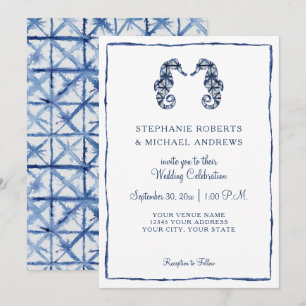 Convites Casamento de Praia Shibori Indigo Watercolor Seaca