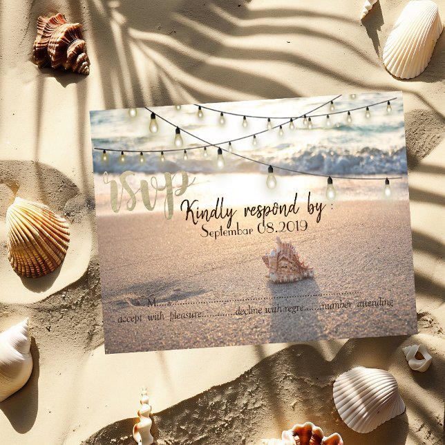 Convites Casamento de Praia,String Lights Seashell RSVP (Criador carregado)