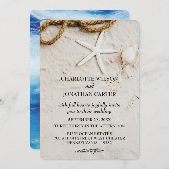 Convites Casamento de Praia Tropical Costeira Rustic Starfi (Frente/Verso)