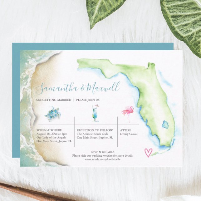 Convites Casamento de Praia Tropical Ilustrado de Aquarela (Florida wedding invitations features watercolor coastal art by Victoria Grigaliunas)