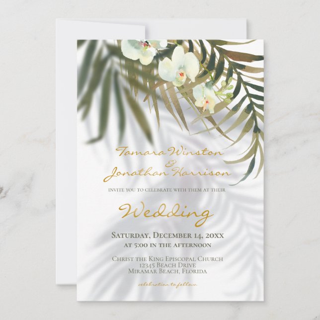 Convites Casamento de Praia Tropical Palm & Orchid Shadows (Frente)