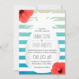 Convites Casamento de Praia Watercolor Stripes Pineapple