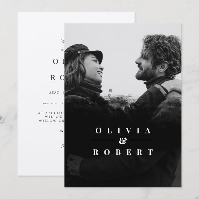 Convites Casamento de prata Abstrato preto com foto persona (Frente/Verso)