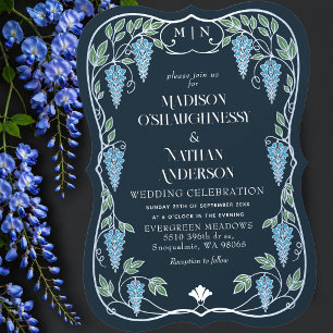 Convites Casamento de Prata Art Nouveau com Wisteria Azul