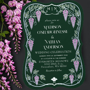 Convites Casamento de Prata Art Nouveau com Wisteria Rosa 