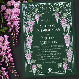 Convites Casamento de Prata Art Nouveau com Wisteria Rosa