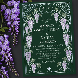 Convites Casamento de Prata Art Nouveau com Wistéria Roxa