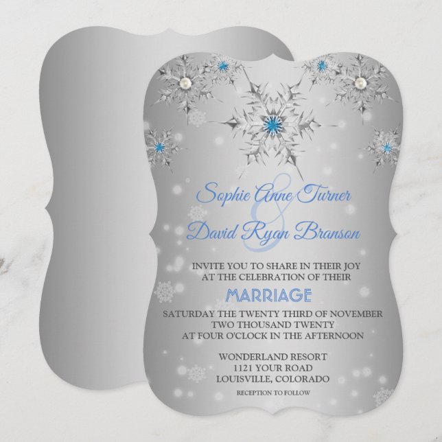 Convites Casamento de Prata Chic Snowflakes Crystal Blue Pe (Frente/Verso)