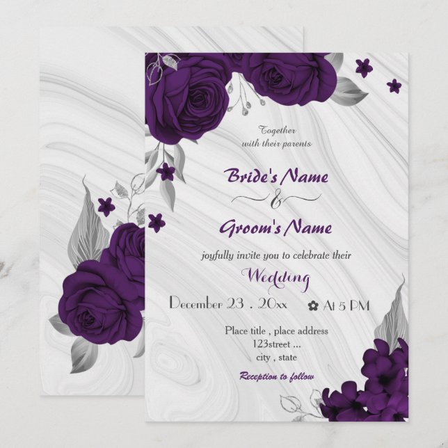 Convites casamento de prata com flores roxas reais (Frente/Verso)