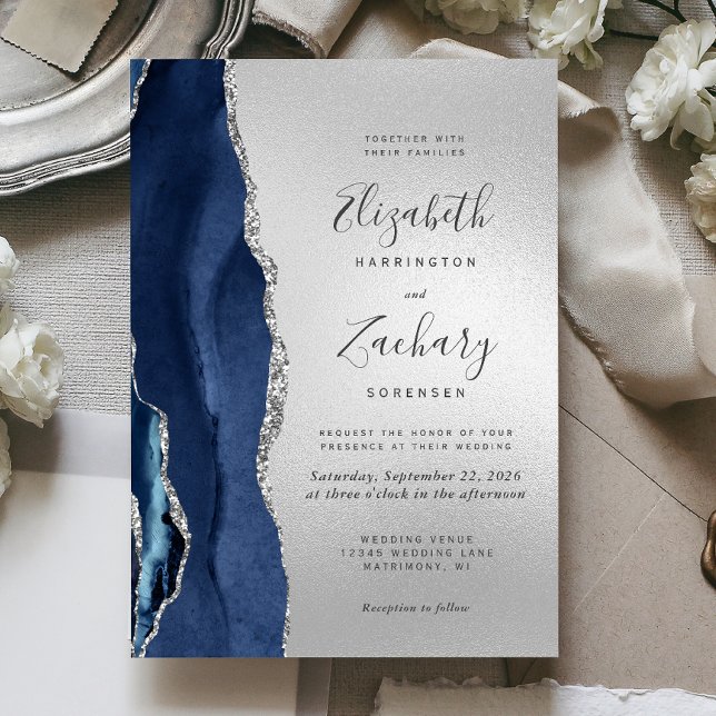 Convites Casamento de Prata de Agata Azul do Marinho Modern (Criador carregado)