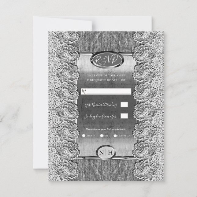 Convites Casamento de Prata de Madeira com Cinza de rendas  (Frente)