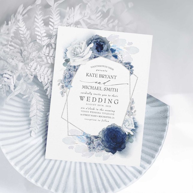 Convites Casamento de Prata Elegante Floral de Dusty Blue e (Elegant Soft Blue and Navy Blue Floral Wedding Invitation)