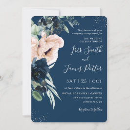 Convites Casamento de Prata Floral Azul com Marinho Blush E