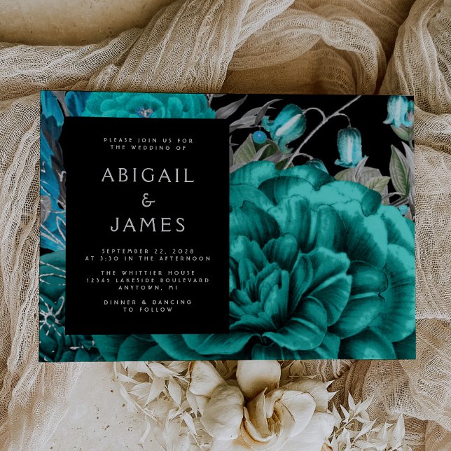 Convites Casamento de Prata Floral de Teal Floral Escuro El (The perfect choice for a romantic turquoise and silver themed wedding.)