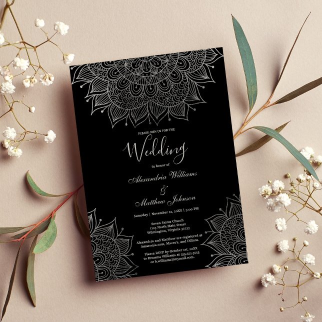 Convites Casamento de prata floral preto Elegante (Elegant black chic silver floral mandala Wedding)