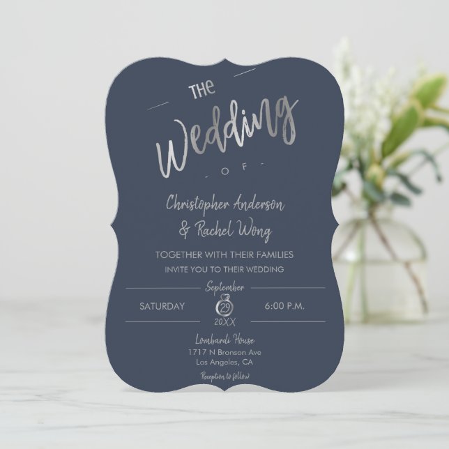 Convites Casamento de Prata Simples de Script de Marinho Pe (Em pé/Frente)